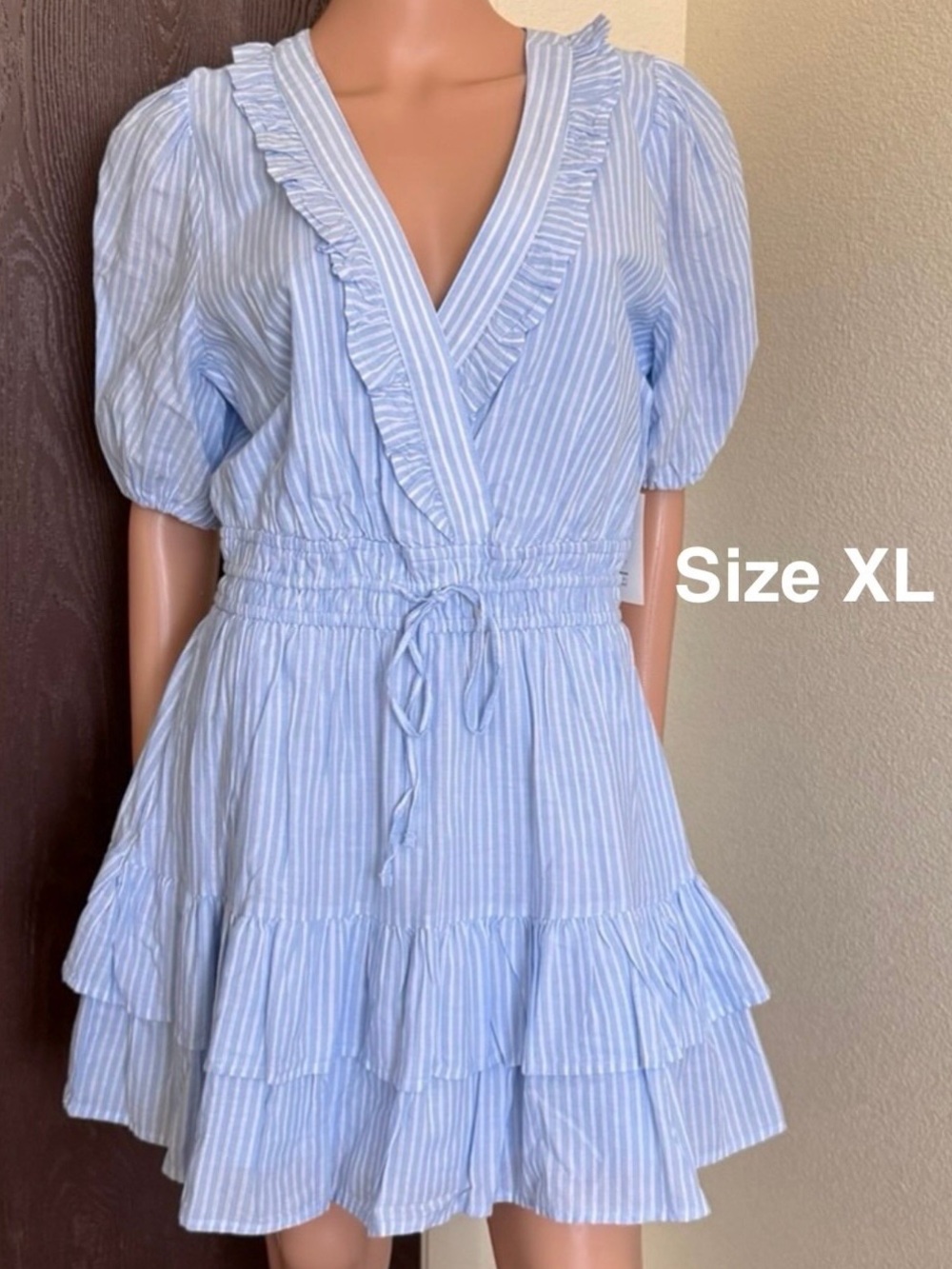 Free Assembly Women's Tiered Ruffle Mini Dress with Short Puff Sleeves